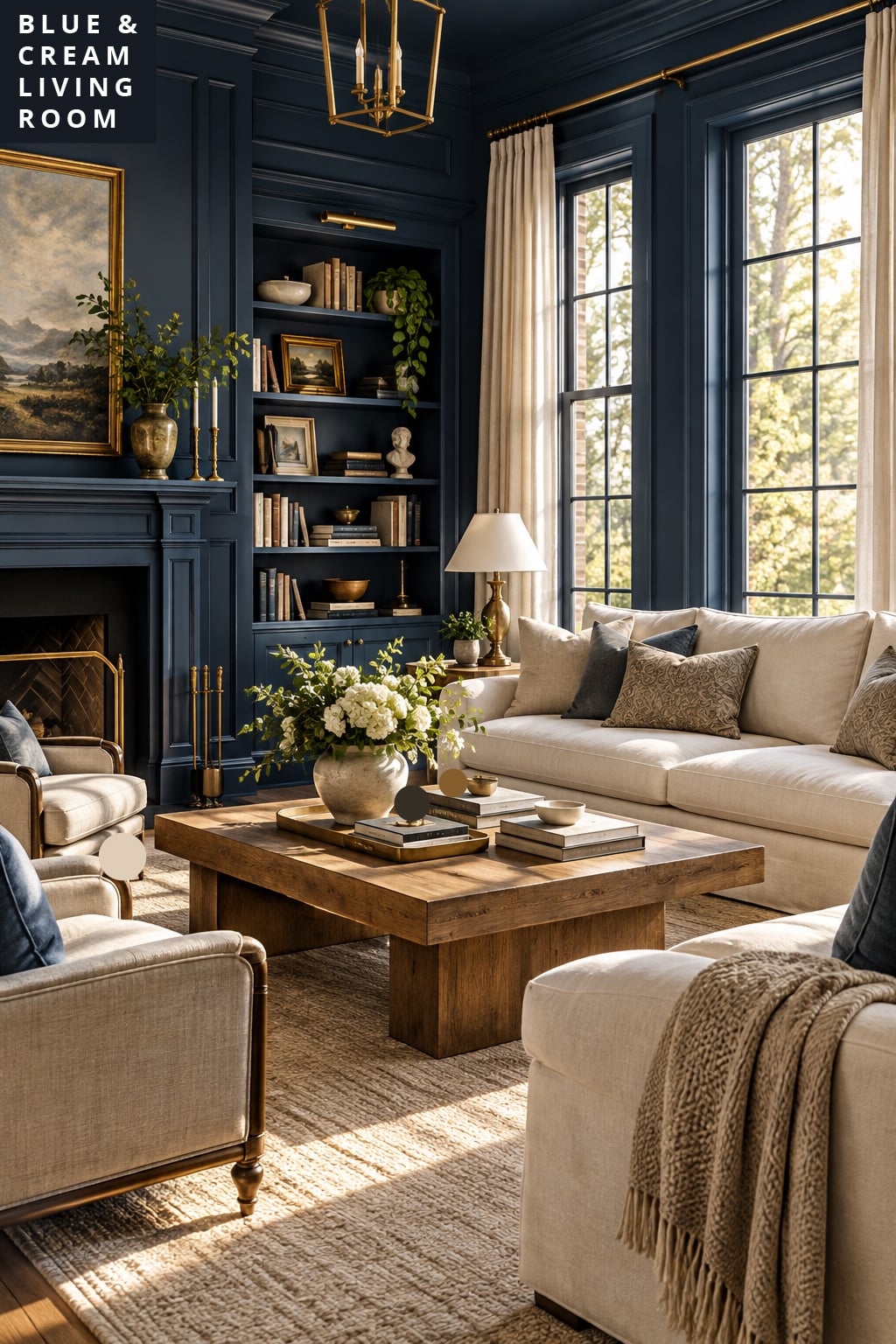 Blue and Cream Living Room Decor Idea 1 Navy Walls and Cream Furniture