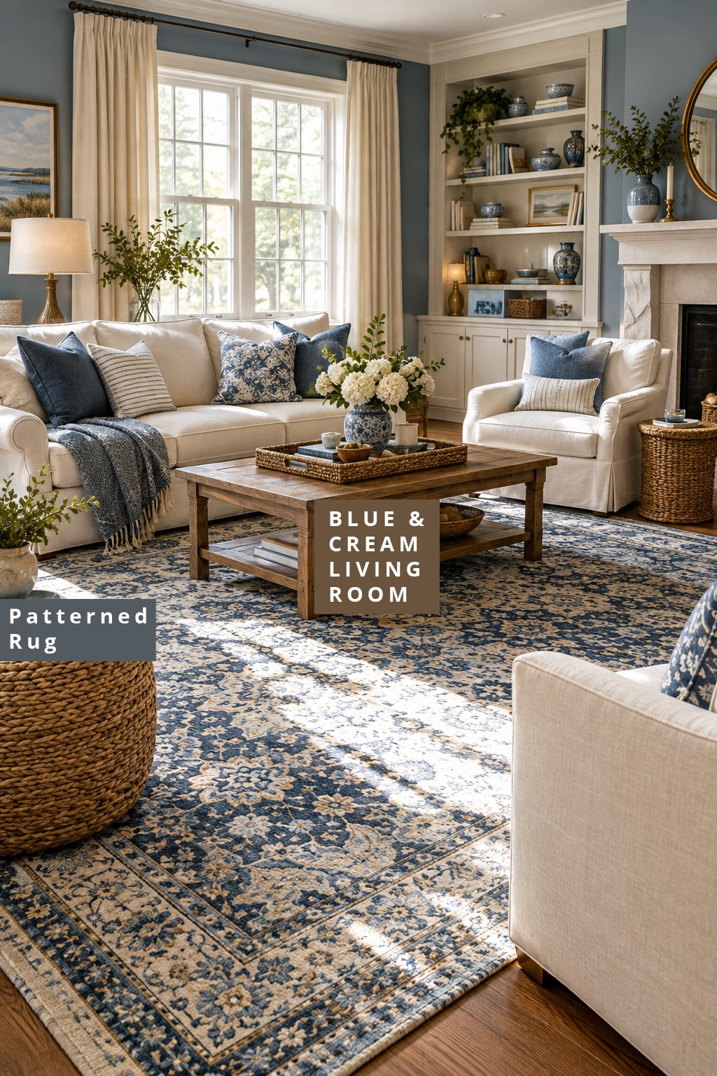 Blue and Cream Living Room Decor Idea 3 Patterned Rug