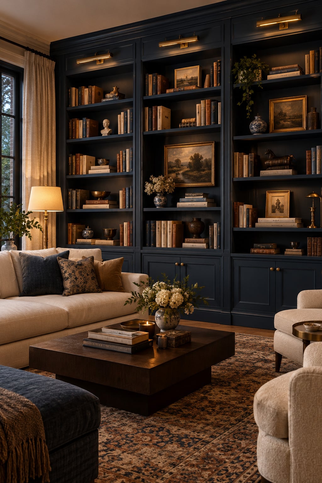 Blue and Cream Living Room Decor Idea 4 Dark Blue Built Ins and Cream Seating