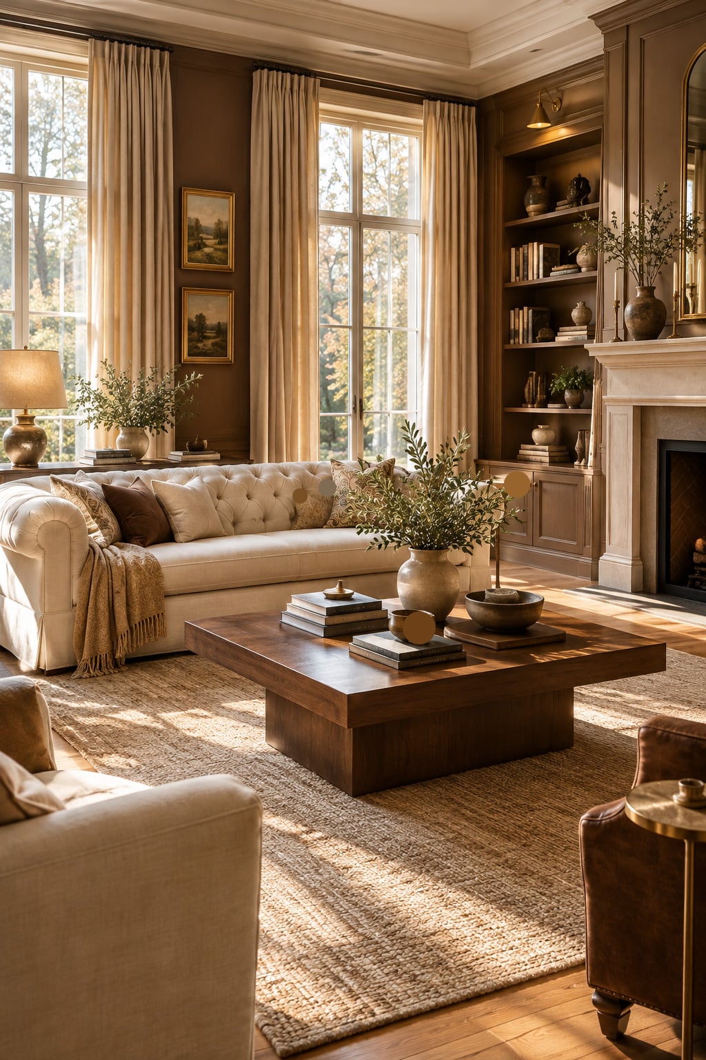 Brown and Cream Living Room Decor Idea 1 Tufted Sofa and Warm Wood