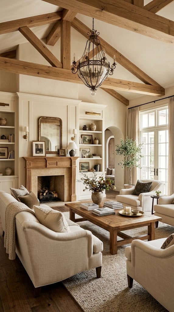Brown and Cream Living Room Decor Idea 11 Natural Wood Beams