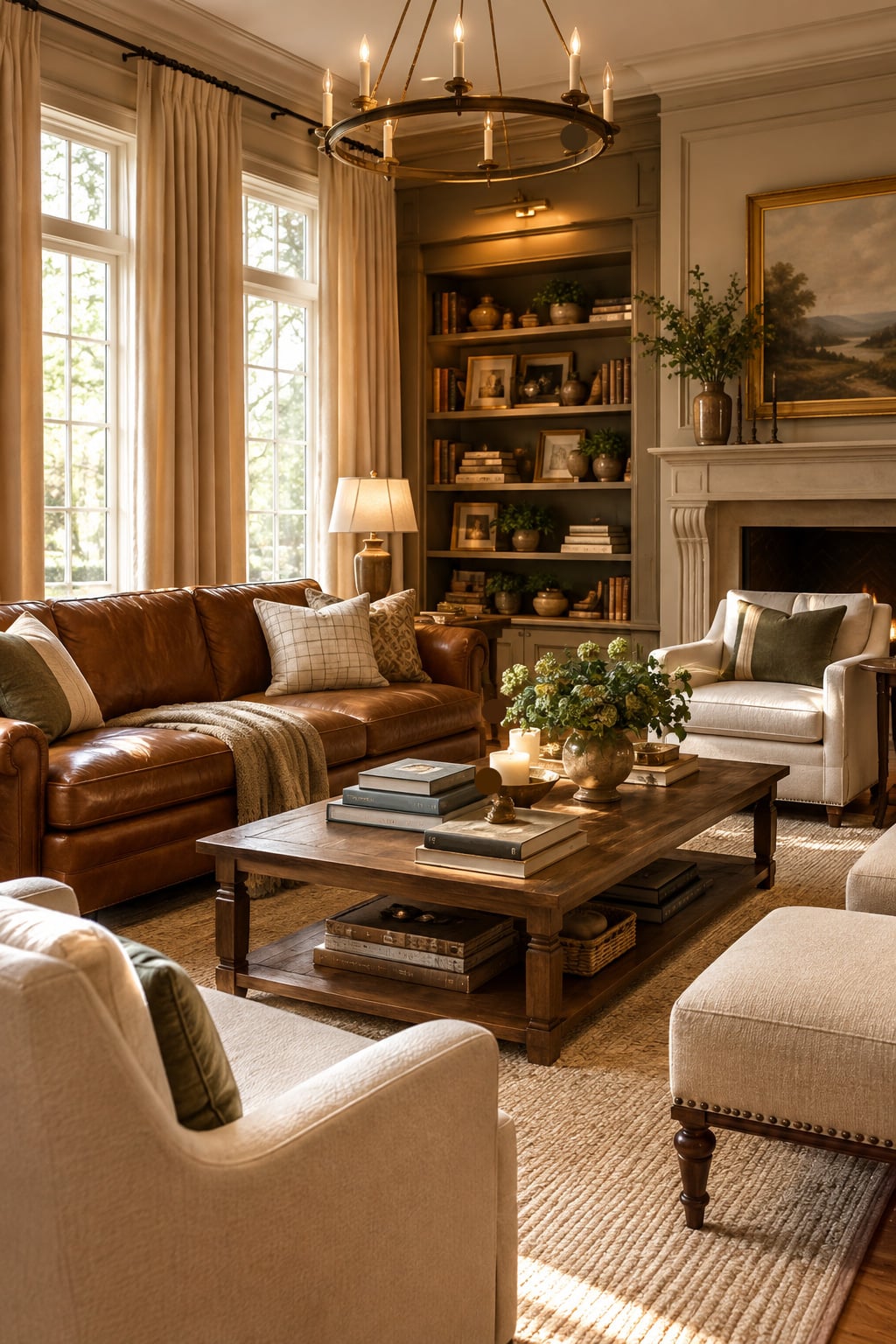 Brown and Cream Living Room Decor Idea 2 Brown Leather Cream Upholstery
