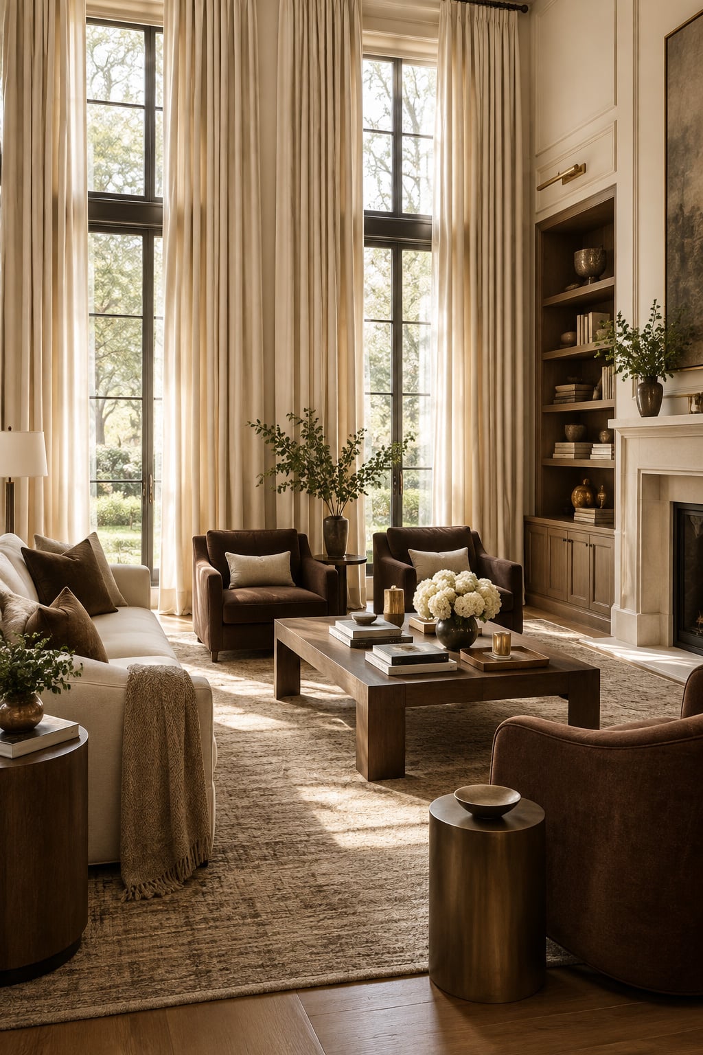 Brown and Cream Living Room Decor Idea 3 Floor to Ceiling Neutral Curtains