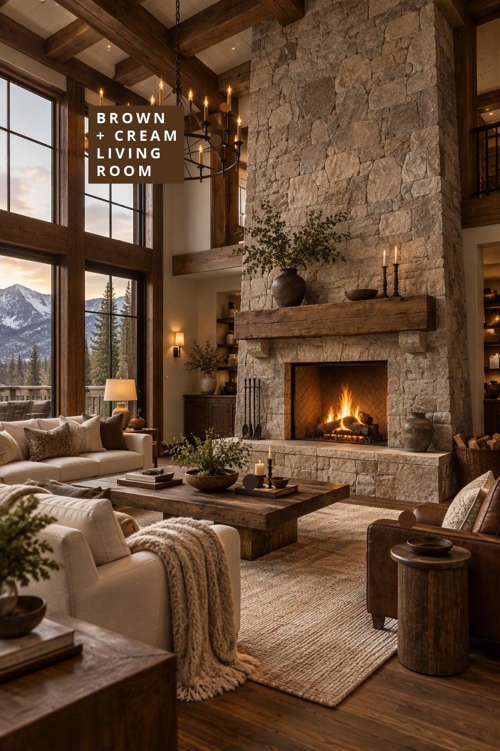 Brown and Cream Living Room Decor Idea 5 Stone Fireplace