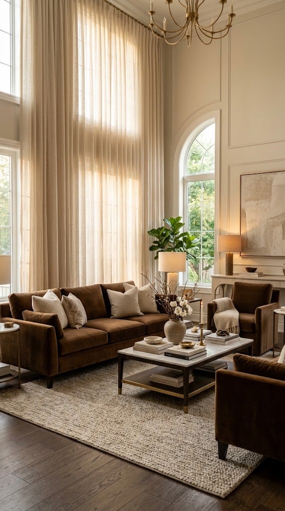 Brown and Cream Living Room Decor Idea 8 Velvet Seating Linen Curtains