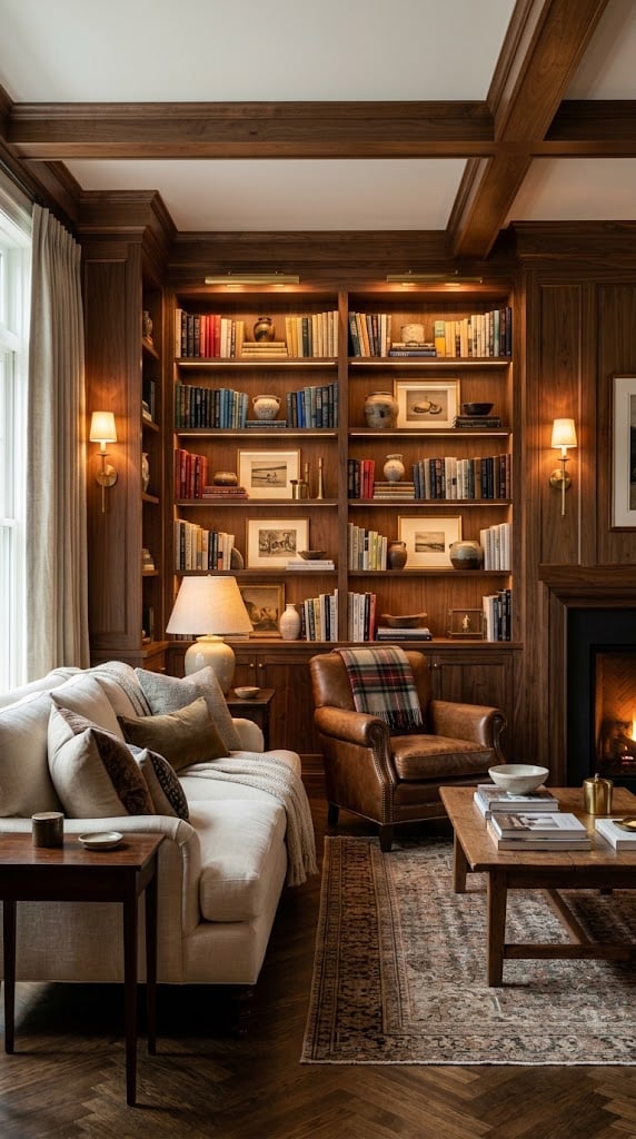 Brown and Cream Living Room Decor Idea 9 Built In Shelves Warm Lighting
