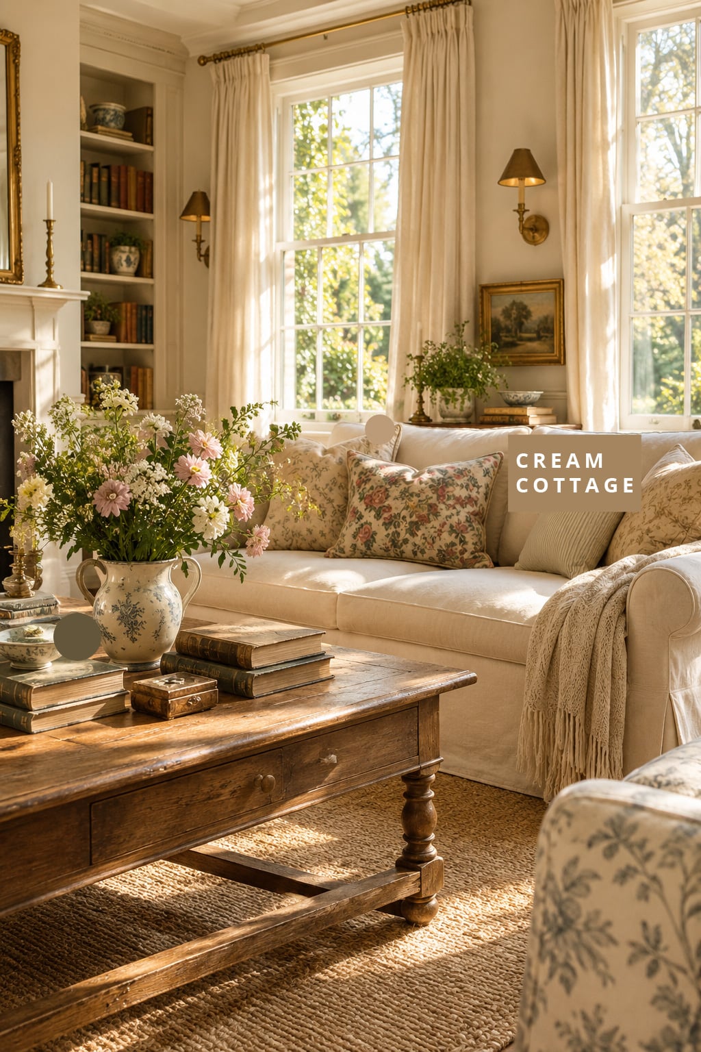 Cream Cottage Living Room Decor Idea 1 Slipcovered Sofa and Vintage Details
