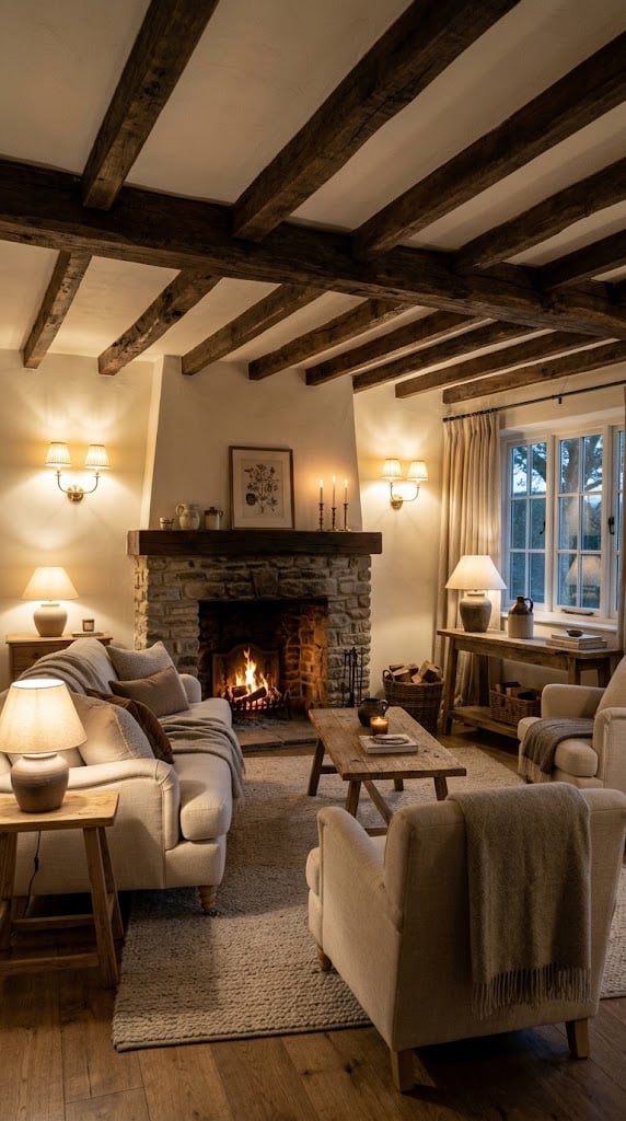 Cream Cottage Living Room Decor Idea 10 Rustic Ceiling Beams
