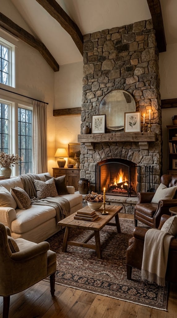 Cream Cottage Living Room Decor Idea 11 Stone Fireplace