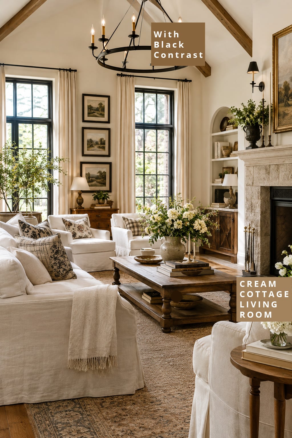 Cream Cottage Living Room Decor Idea 3 with Black Contrast