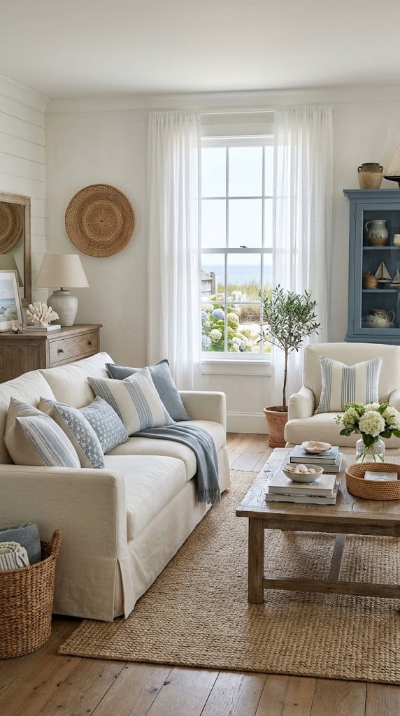 Cream Cottage Living Room Decor Idea 6 Blue Coastal