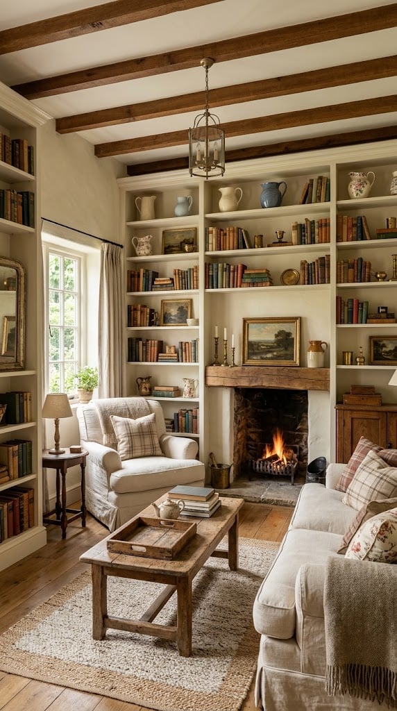 Cream Cottage Living Room Decor Idea 7 Open Shelves