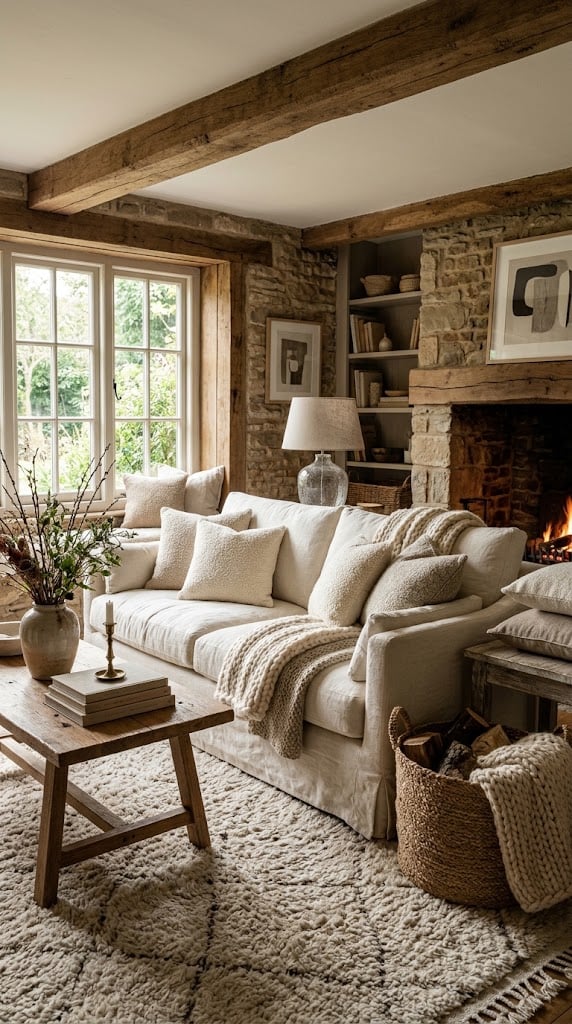 Cream Cottage Living Room Decor Idea 8 Textured Fabrics and Baskets