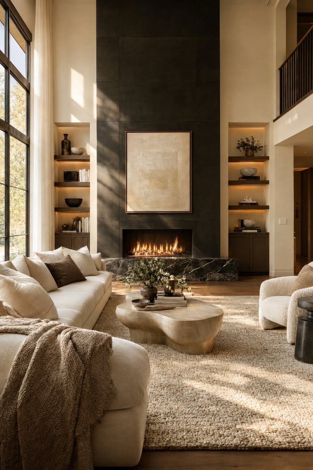 Cream and Black Living Room Decor Idea 1 with Fireplace