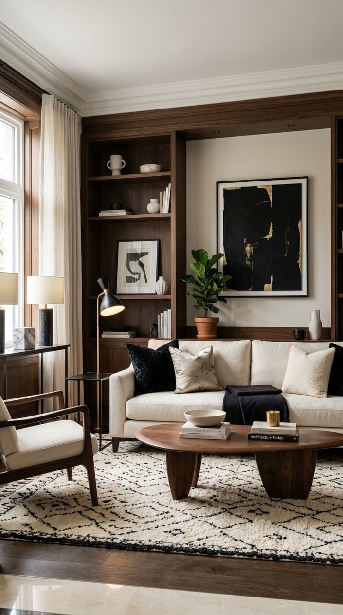Cream and Black Living Room Decor Idea 10 with Dark Wood Details