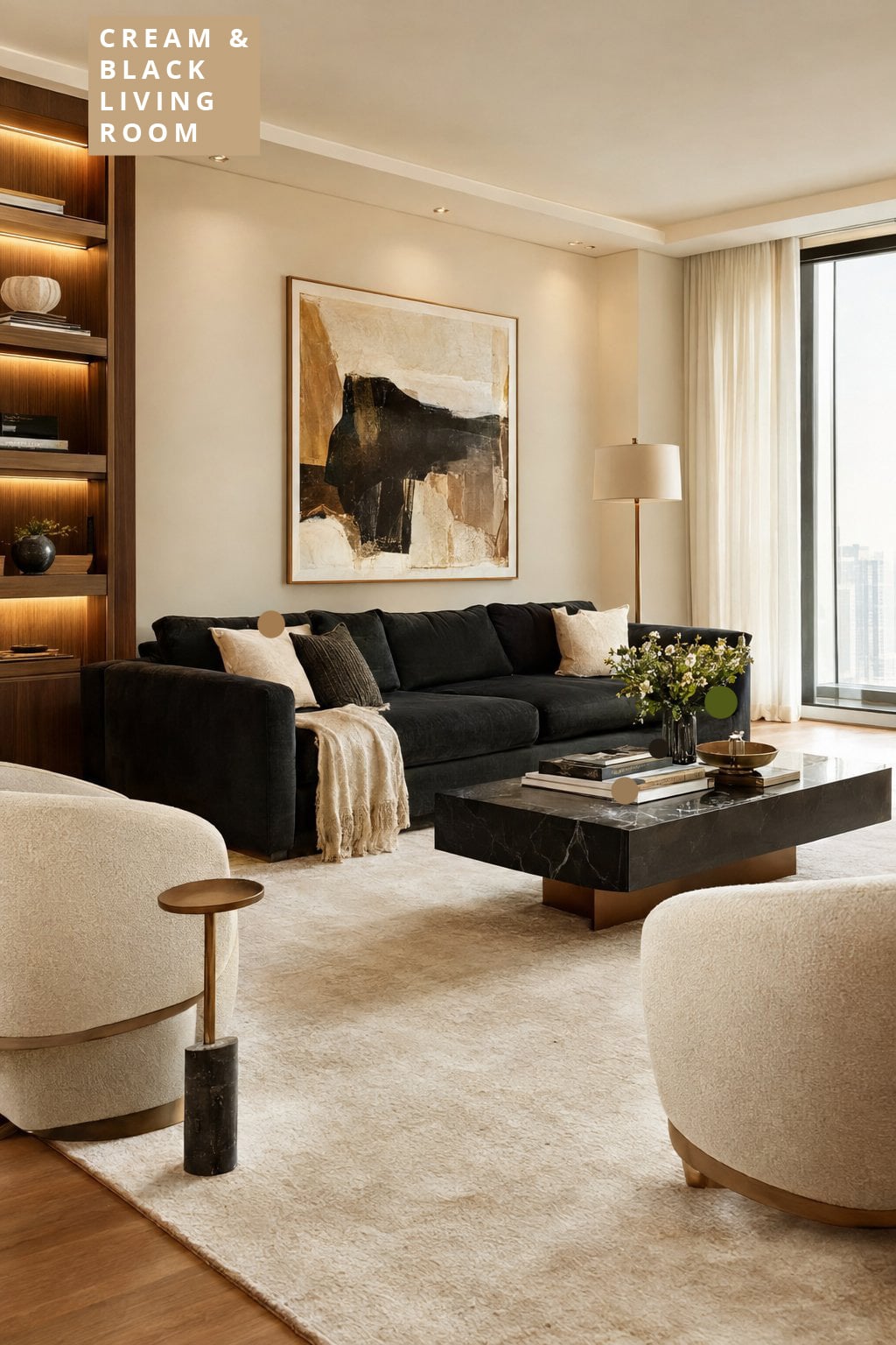 Cream and Black Living Room Decor Idea 4 with a Black Sofa