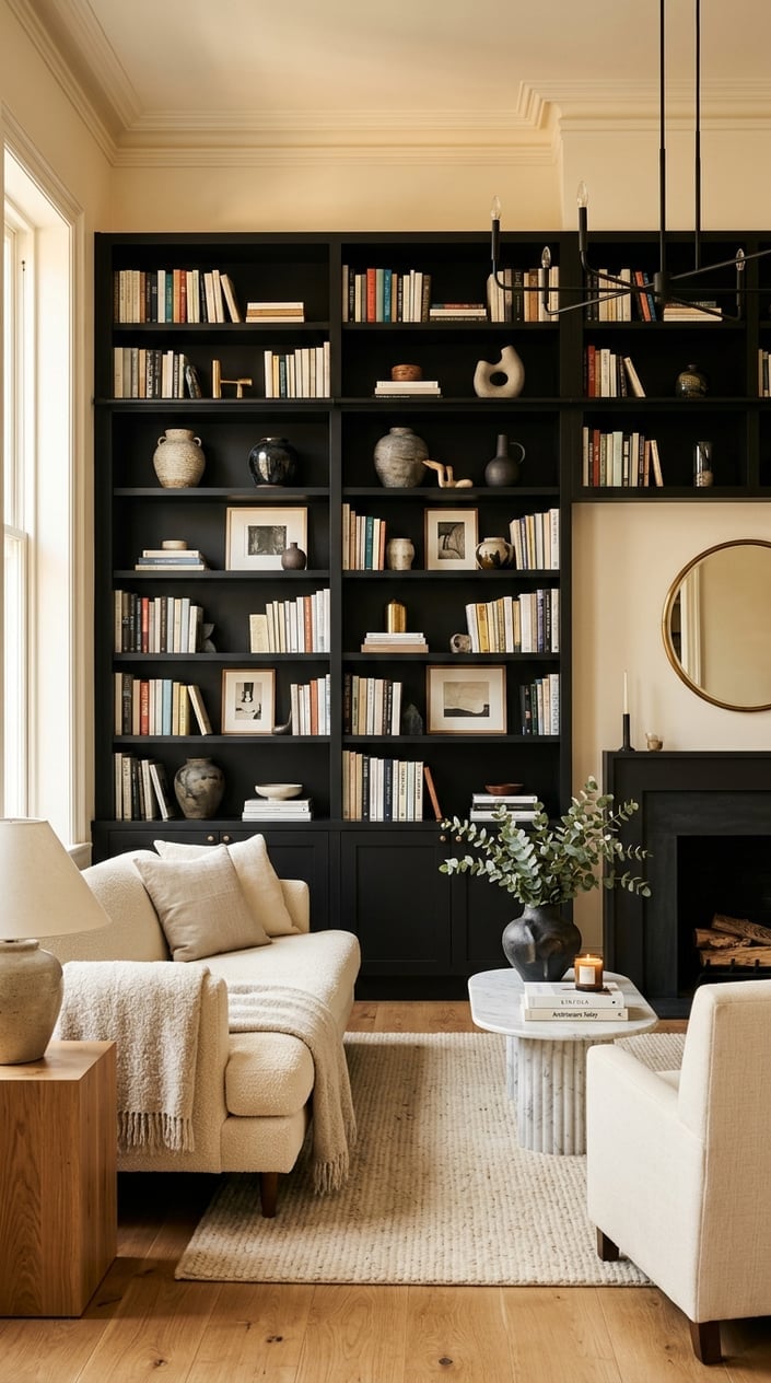 Cream and Black Living Room Decor Idea 7 with Built In Shelves
