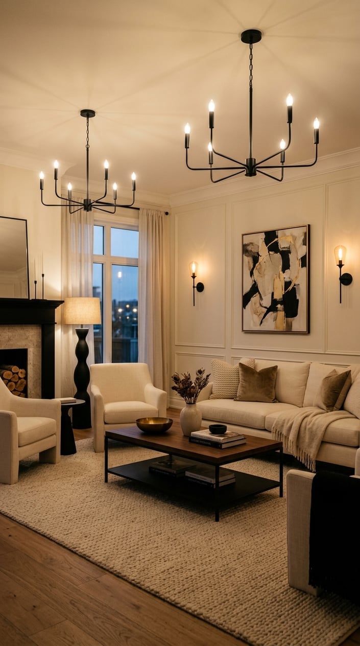 Cream and Black Living Room Decor Idea 9 Matte Black Lighting Fixtures