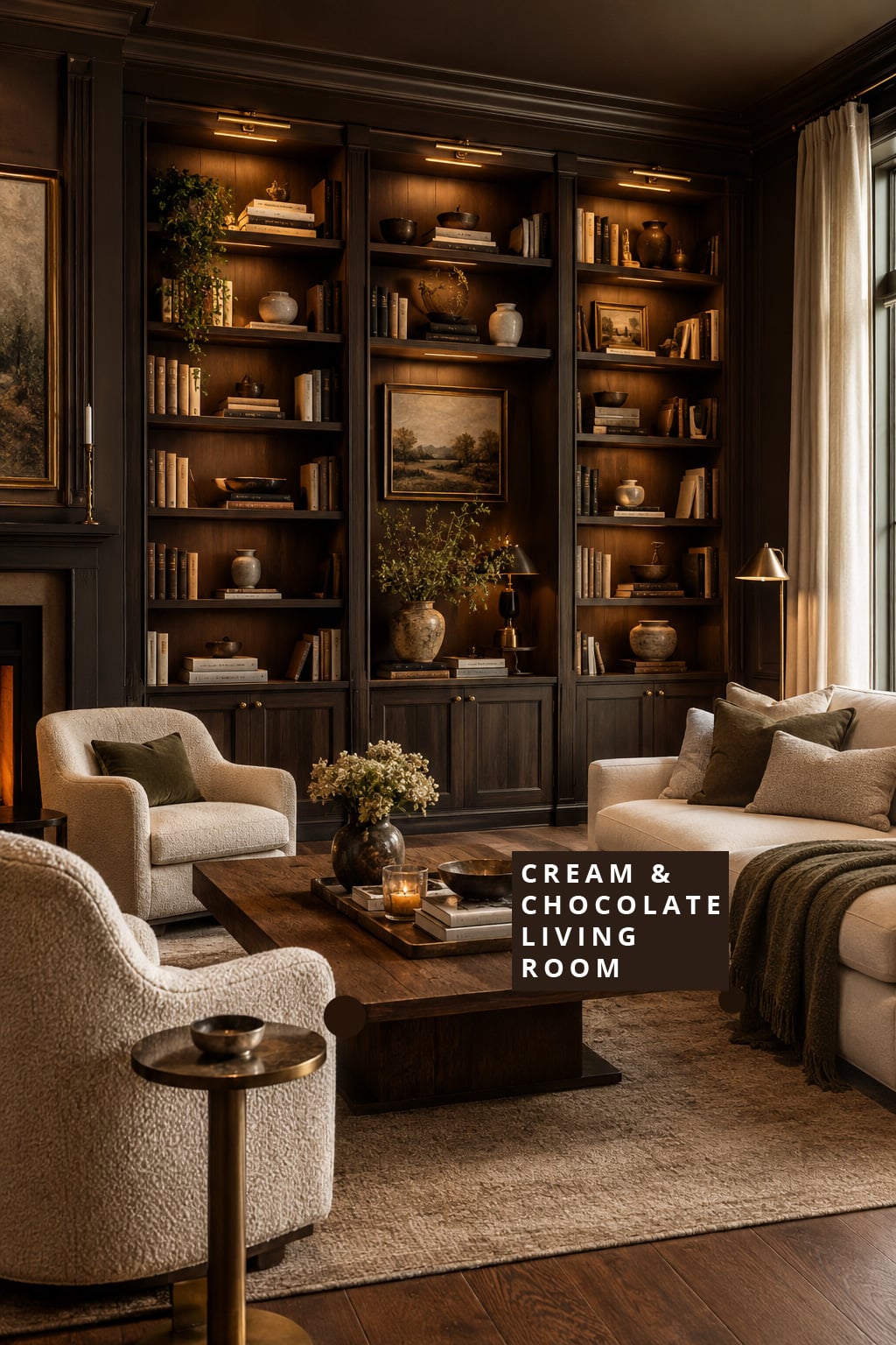 Cream and Chocolate Living Room Decor Idea 3 Dark Built Ins