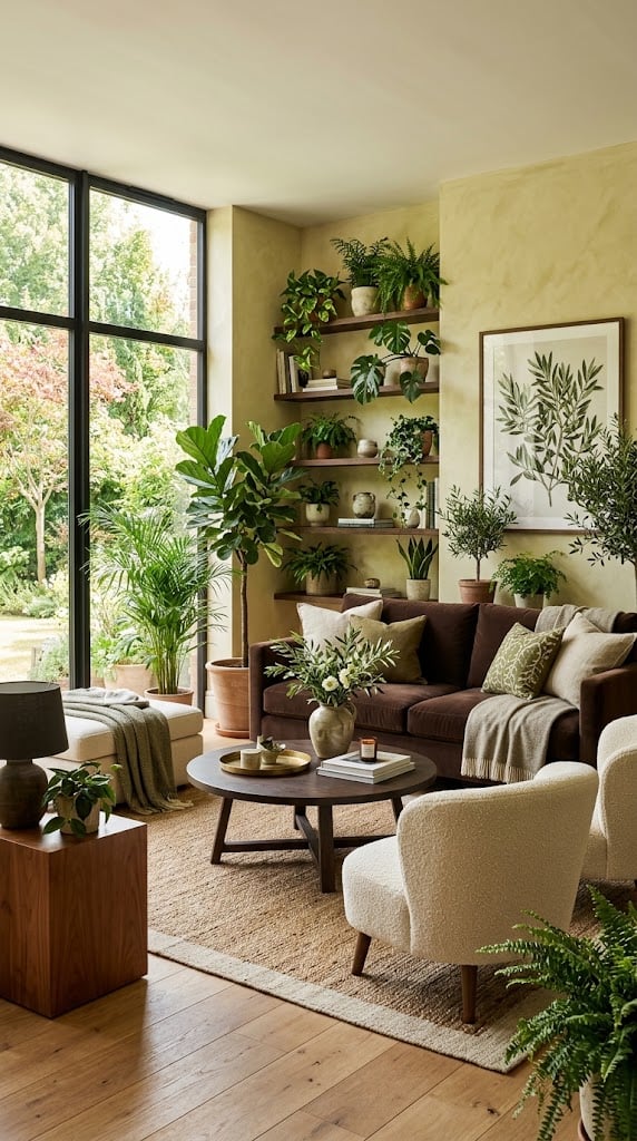 Cream and Chocolate Living Room Decor Idea 6 with Green Plants