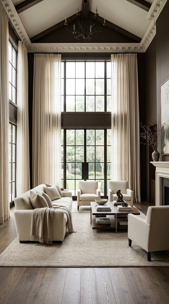 Cream and Chocolate Living Room Decor Idea 8 Floor to Ceiling Curtains