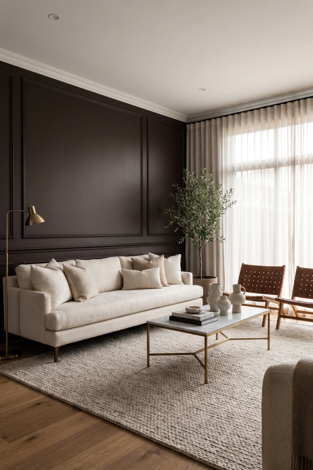 Cream and Espresso Living Room Decor Idea 1 Accent Wall Linen Sofa