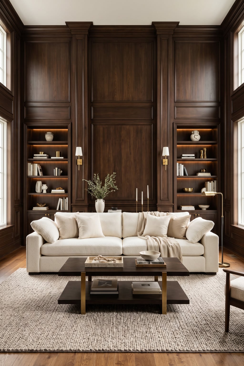 Cream and Espresso Living Room Decor Idea 2 Wood Paneling