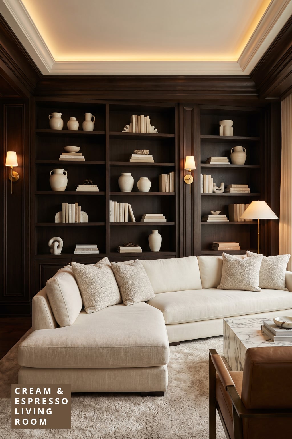 Cream and Espresso Living Room Decor Idea 4 Built Ins
