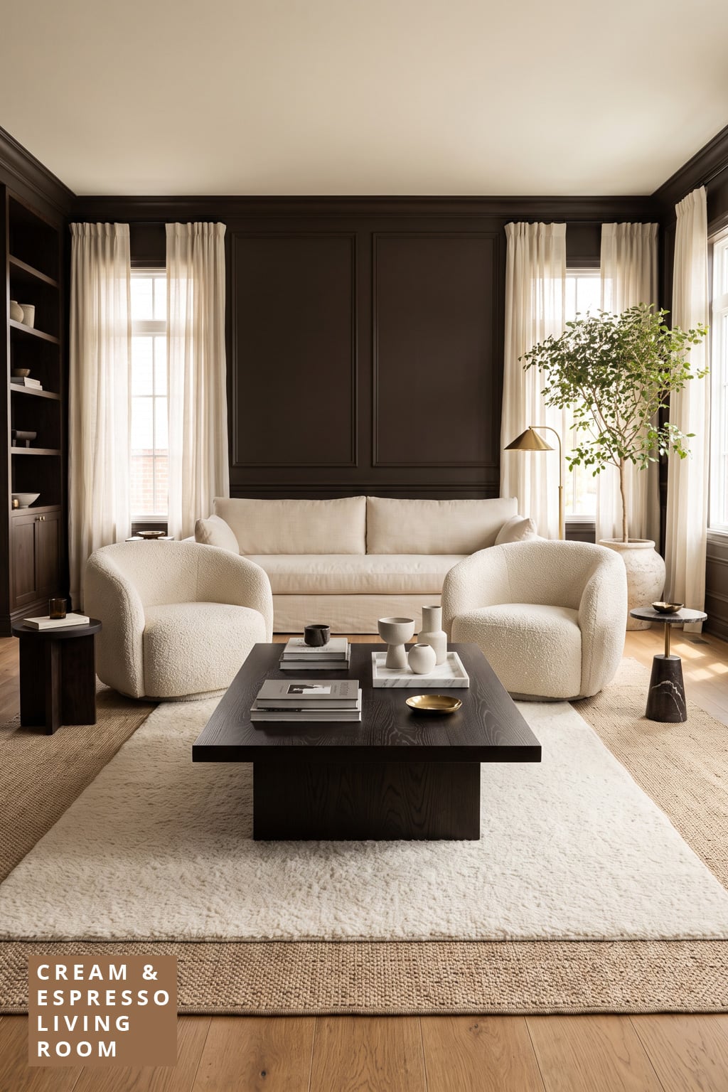 Cream and Espresso Living Room Decor Idea 5 Boucle Chairs