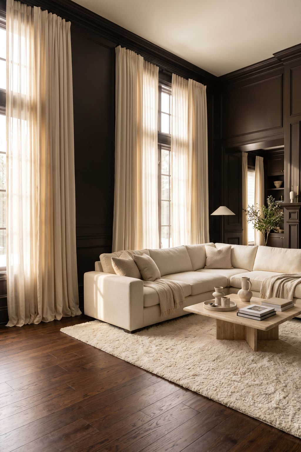 Cream and Espresso Living Room Decor Idea 6 Long Curtains