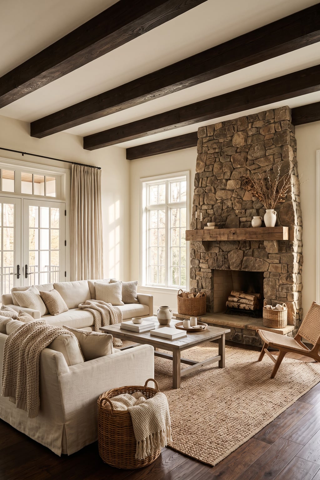 Cream and Espresso Living Room Decor Idea 7 Ceiling Beams