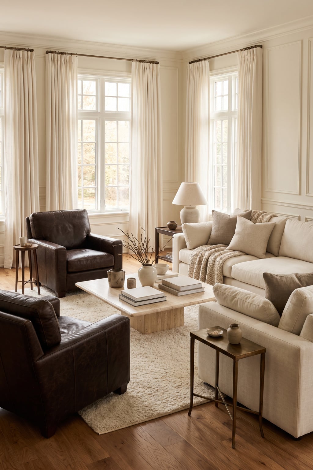 Cream and Espresso Living Room Decor Idea 8 Leather Chairs