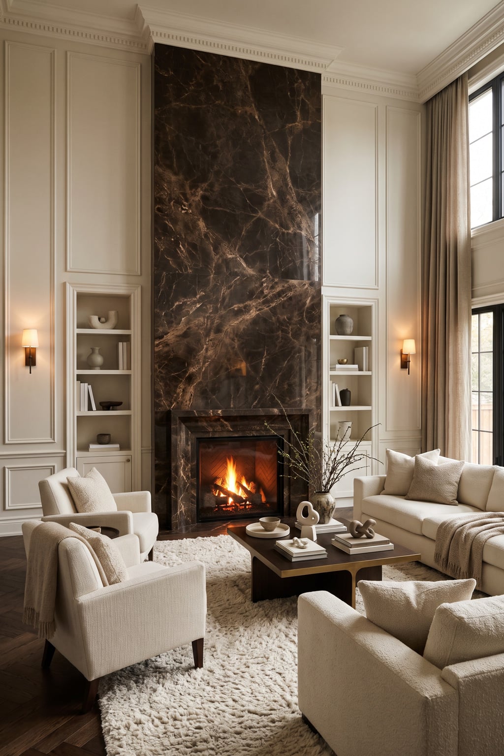 Cream and Espresso Living Room Decor Idea 9 Marble Fireplace