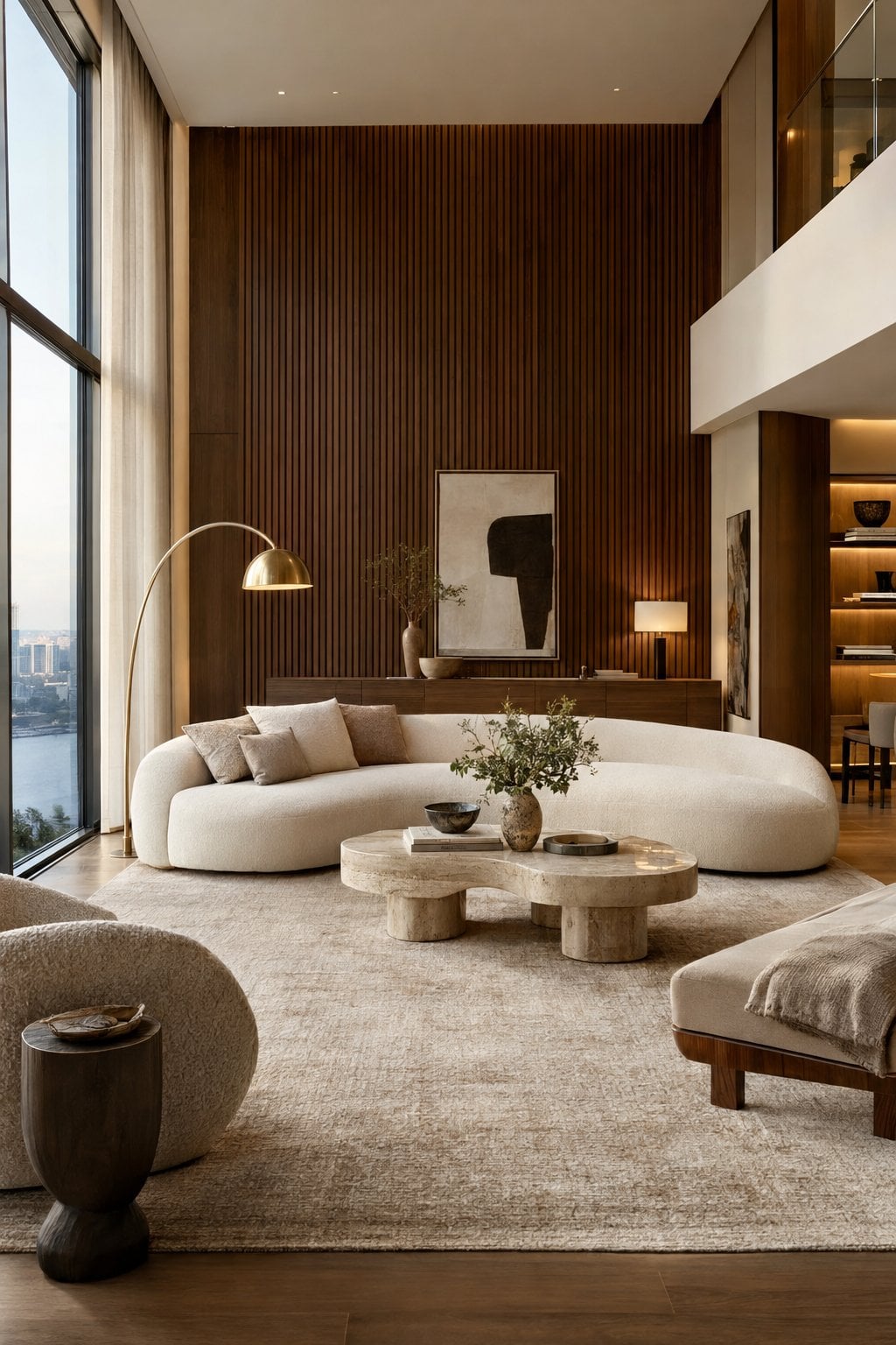 Cream and Walnut Living Room Decor Idea 1 Wood Slat Accent Wall
