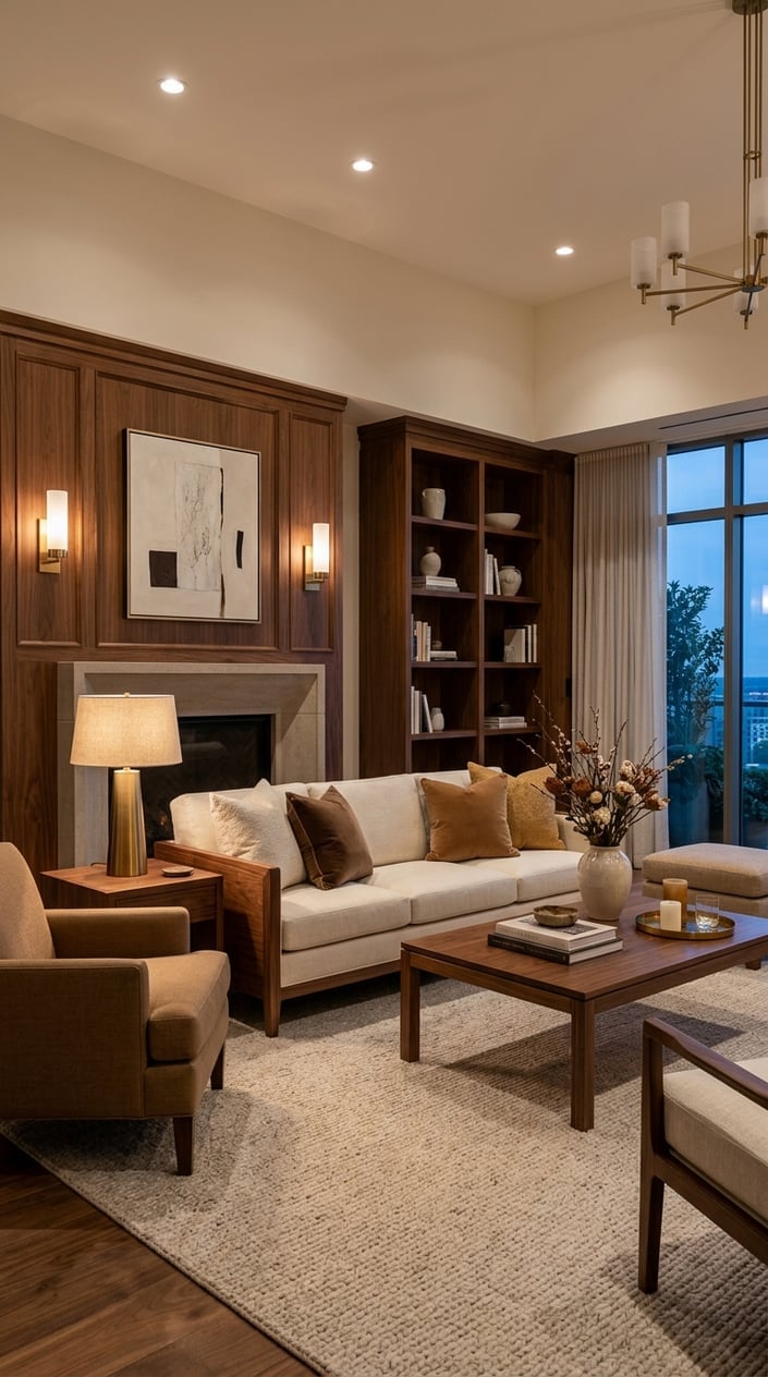 Cream and Walnut Living Room Decor Idea 12 Elegant Lighting and Tailored Furniture