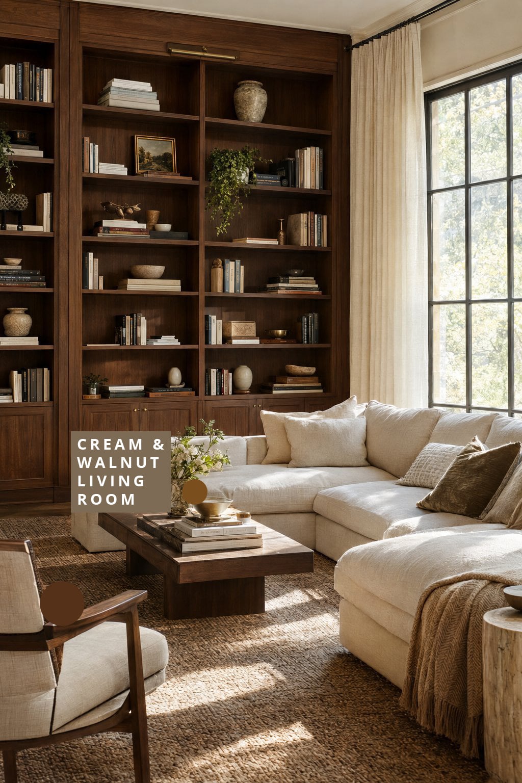Cream and Walnut Living Room Decor Idea 2 Sectional and Built Ins