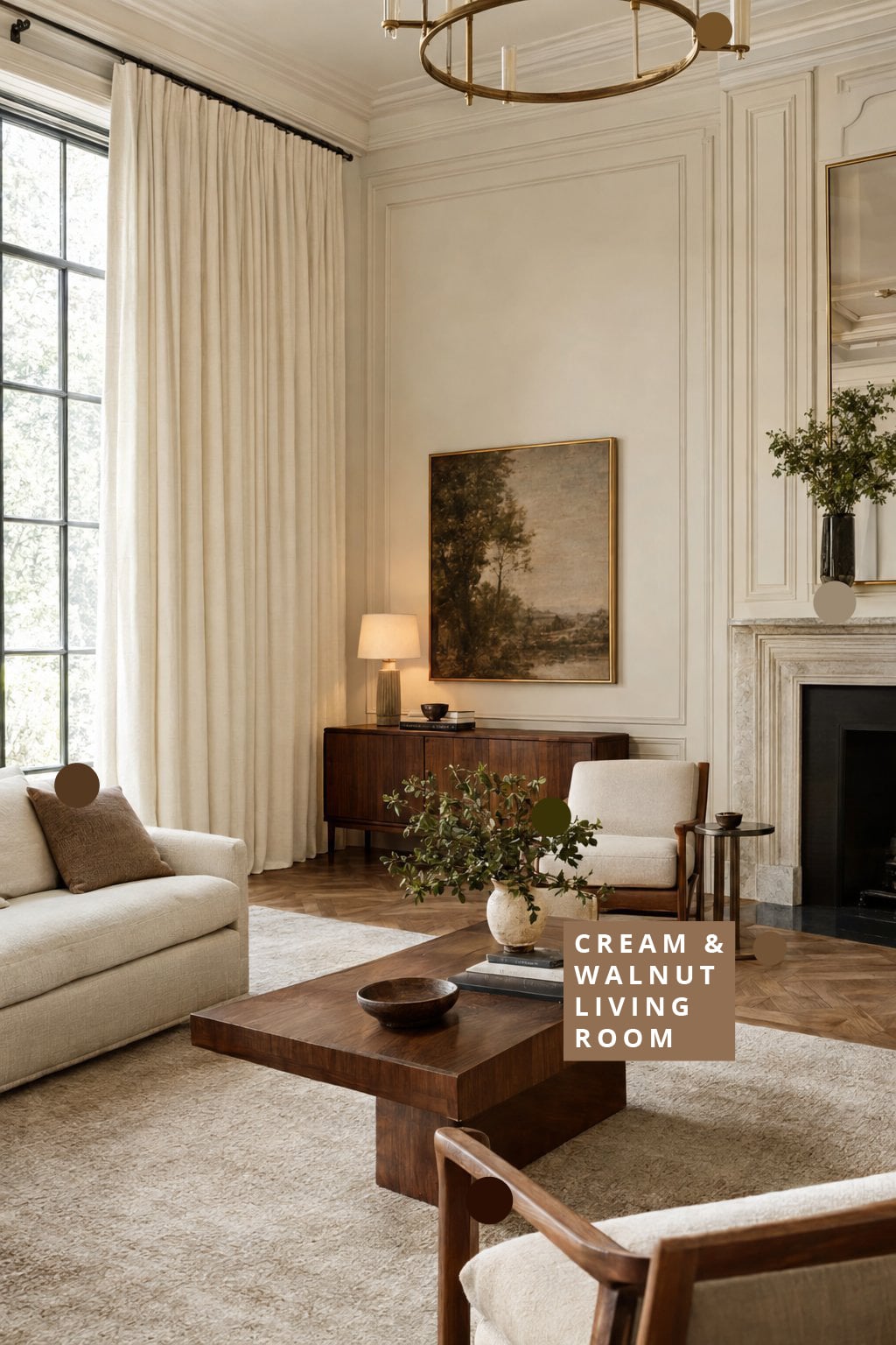 Cream and Walnut Living Room Decor Idea 4 Tall Linen Drapes and Classic Millwork
