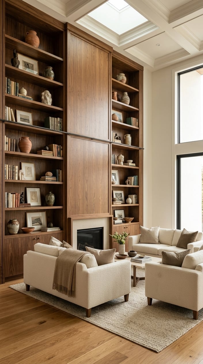 Cream and Walnut Living Room Decor Idea 6 Floor to Ceiling Shelving