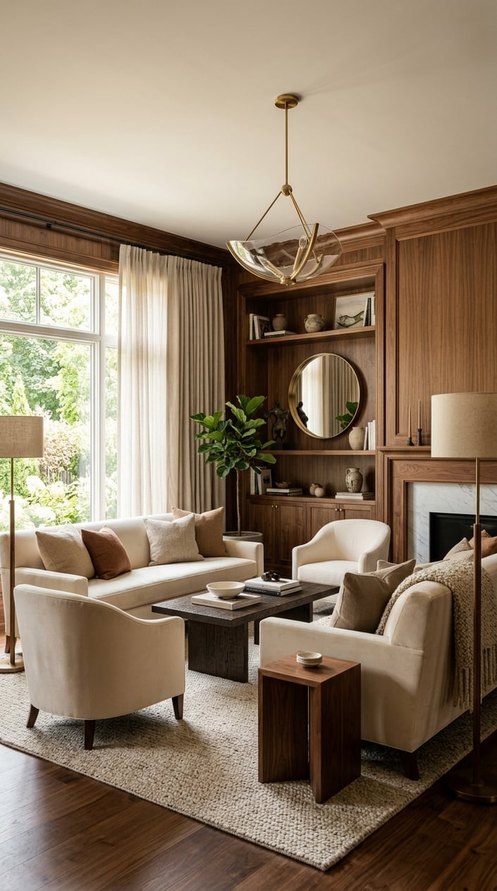 Cream and Walnut Living Room Decor Idea 7 Paneling