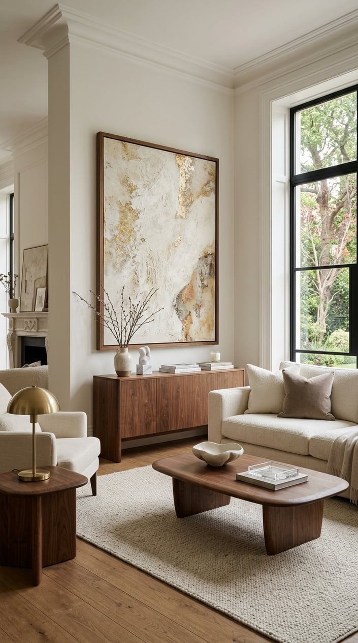 Cream and Walnut Living Room Decor Idea 8 Oversized Art