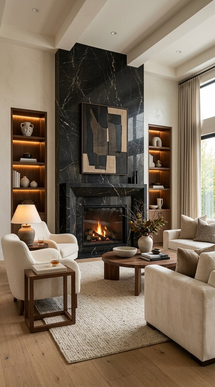 Cream and Walnut Living Room Decor Idea 9 Black Marble Fireplace