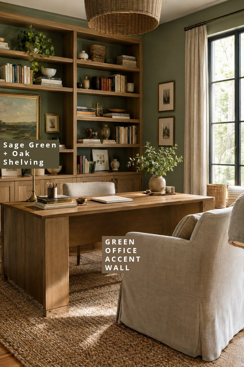 Green Office Accent Wall Idea 1 Sage Green Natural Oak Shelving