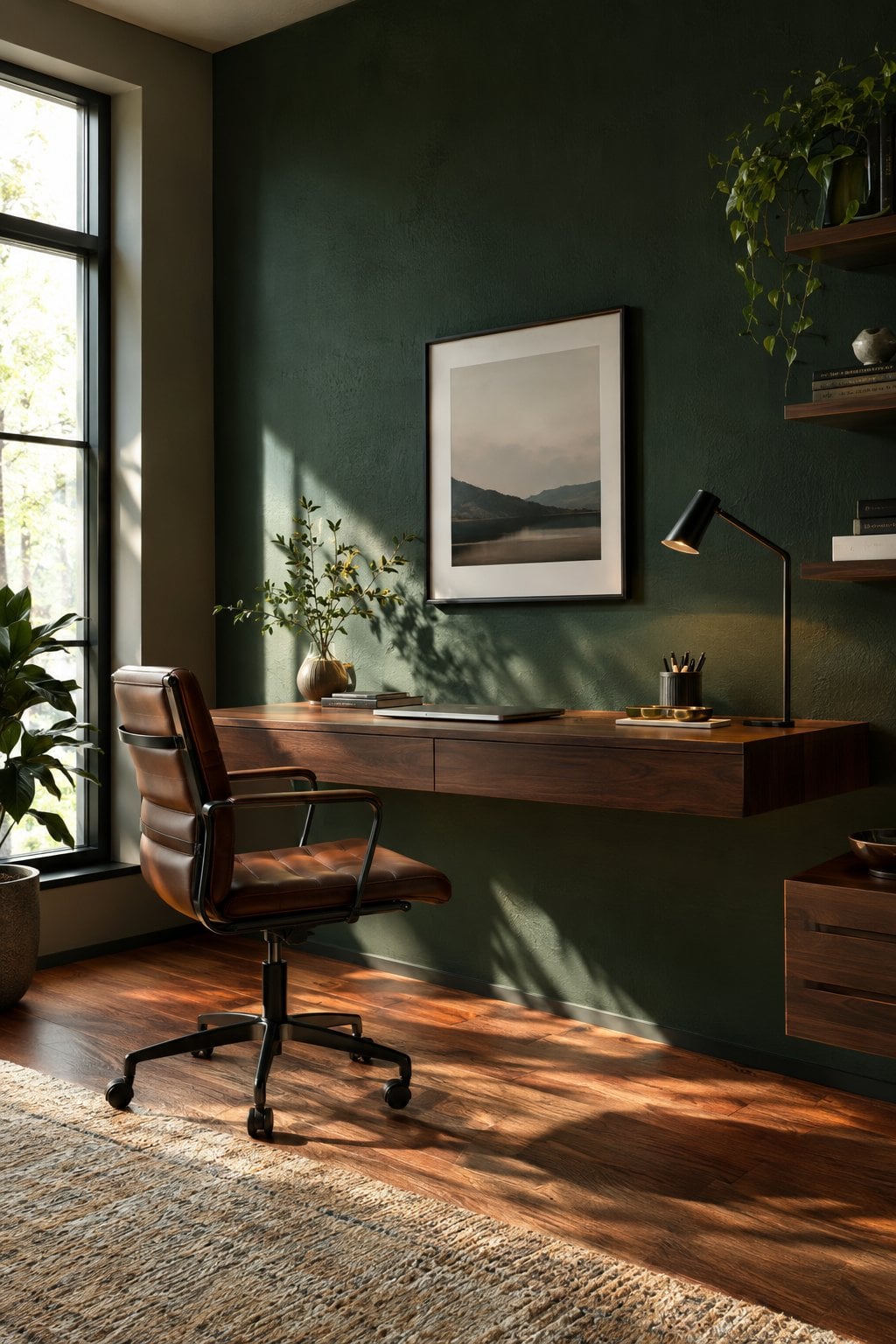 Green Office Accent Wall Idea 2 Dark Green and Floating Wood Desk