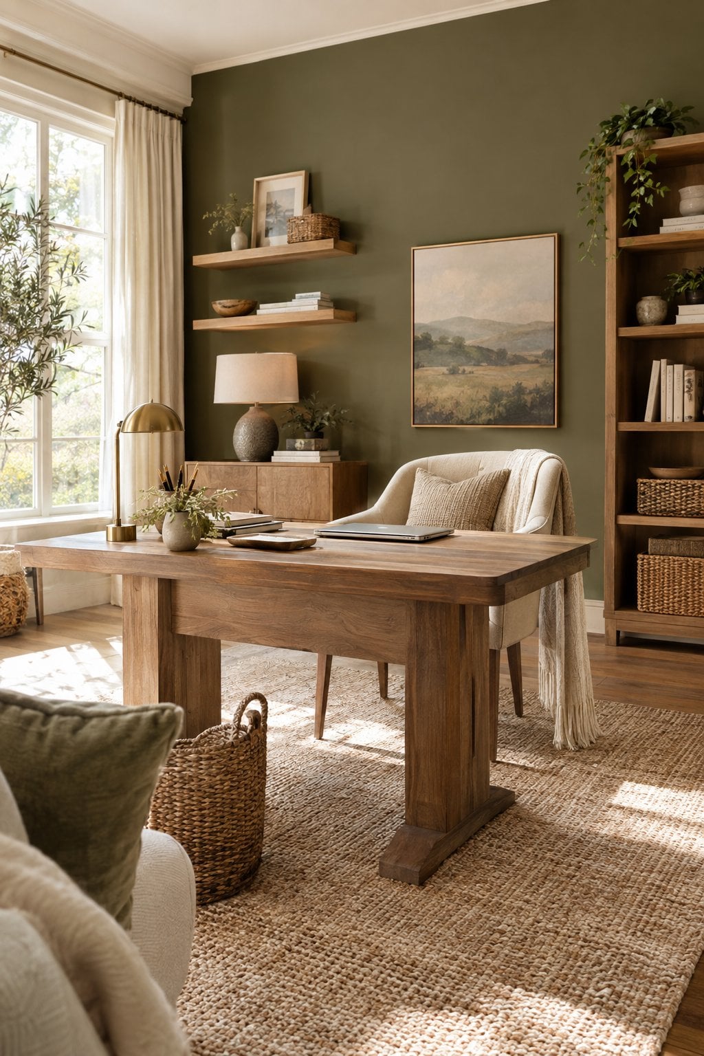 Green Office Accent Wall Idea 3 Olive Green with Neutral Decor