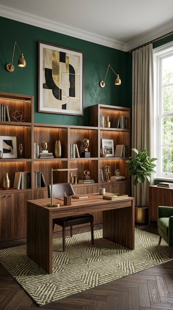 Green Office Accent Wall Idea 6 Emerald with Brass and Walnut Details