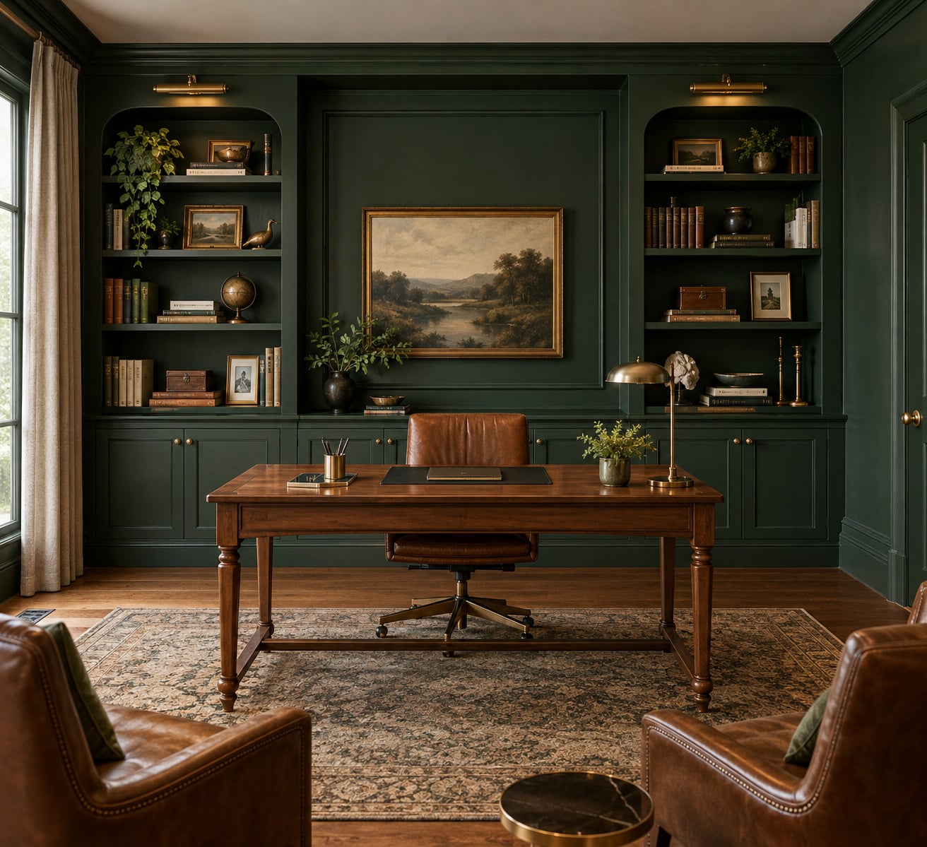 Green Office Accent Wall Idea 9 Hunter Green and Built In Storage Solutions
