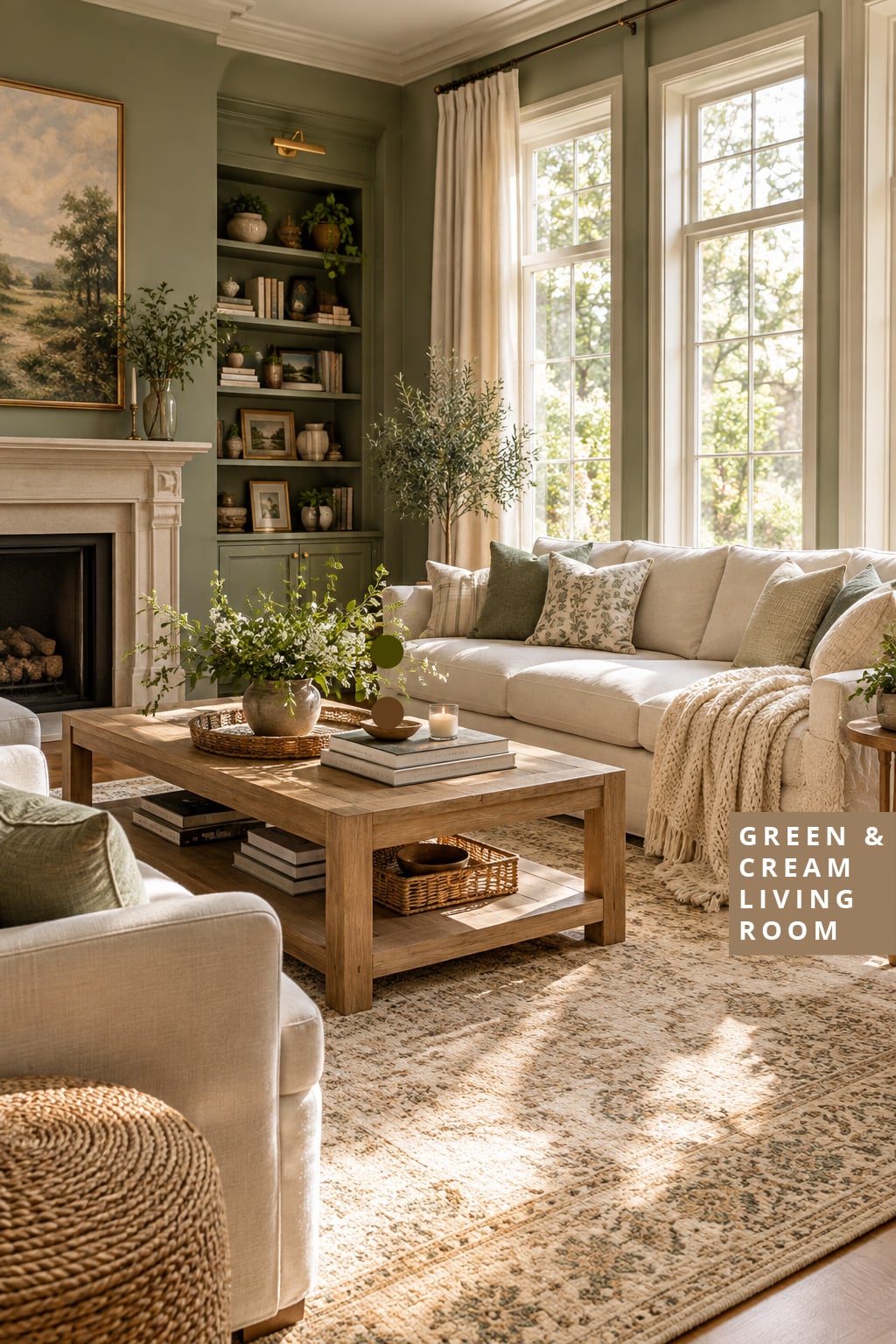 Green and Cream Living Room Decor Idea 1 Sage Walls and Cream Layers