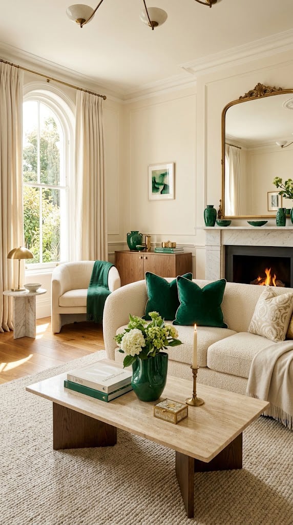 Green and Cream Living Room Decor Idea 11 Emerald Details