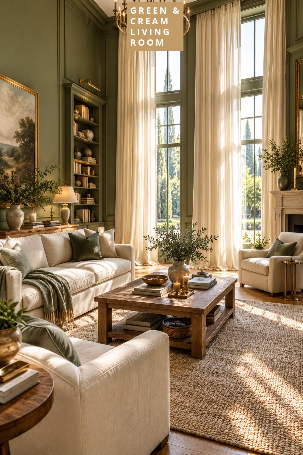 Green and Cream Living Room Decor Idea 2 Floor to Ceiling Curtains