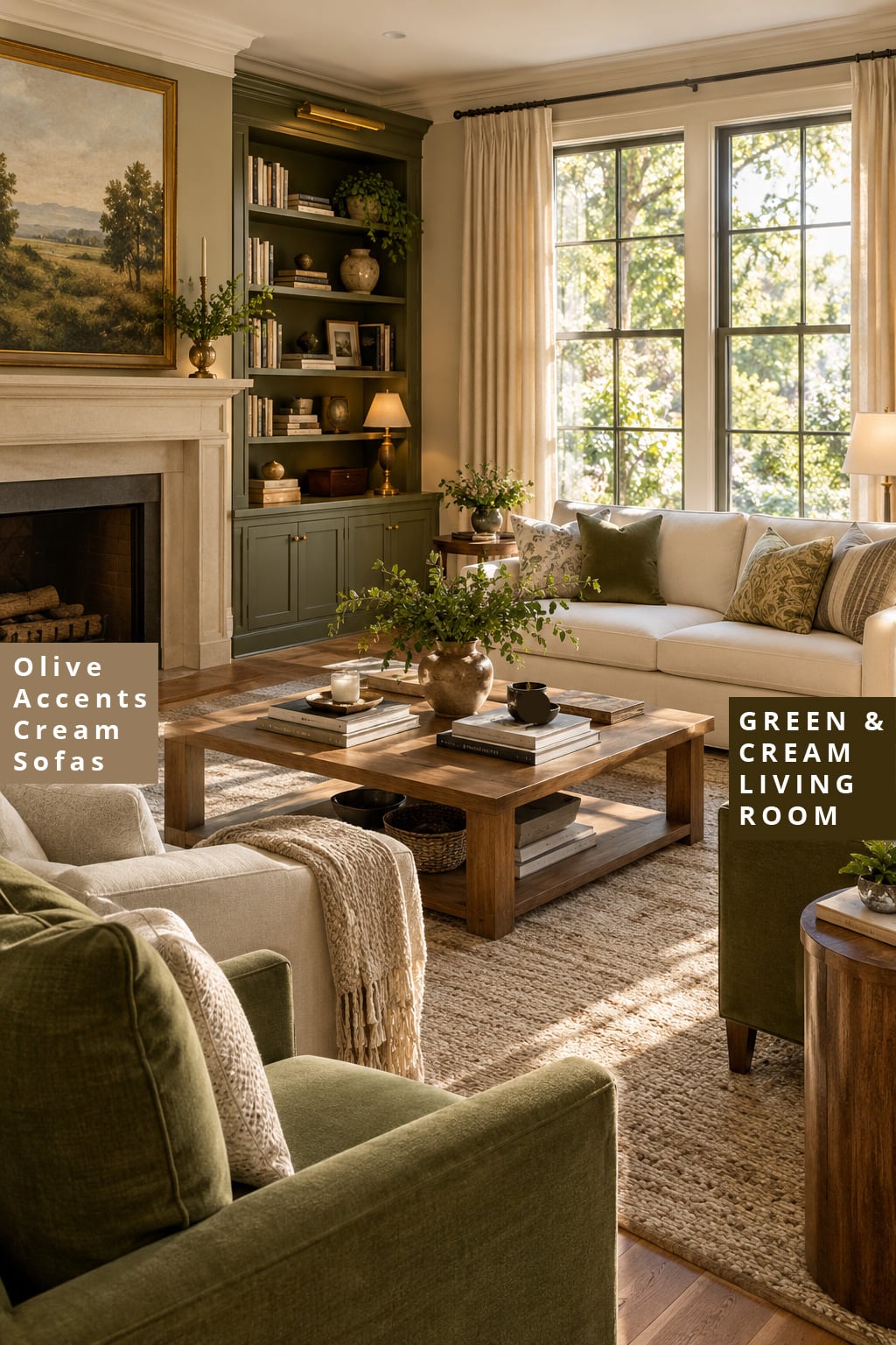 Green and Cream Living Room Decor Idea 3 Olive Accents and Cream Upholstery